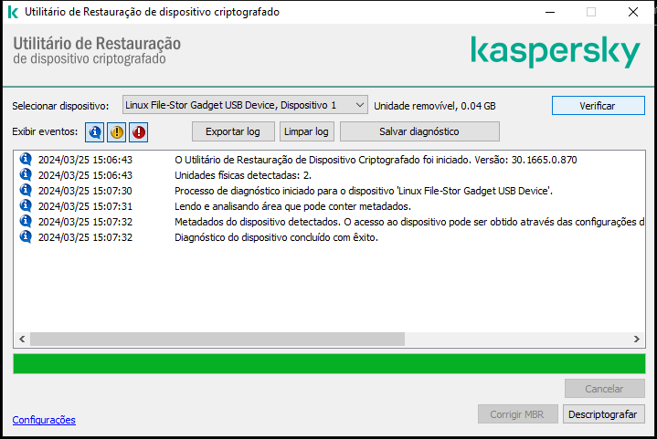 Uma janela com a lista de eventos do utilitário. O usuário pode executar diagnósticos e descriptografar o dispositivo selecionado.