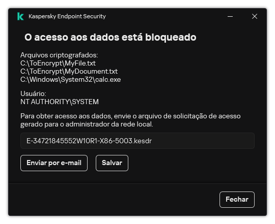 Uma janela com um arquivo de solicitação para acessar os dados criptografados. O usuário pode salvar o arquivo gerado em disco ou enviá-lo por e-mail.