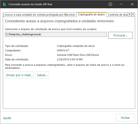 A janela contém um campo para selecionar o arquivo de solicitação de acesso. O usuário pode salvar o arquivo de chave de acesso gerado em disco ou enviá-lo por e-mail.