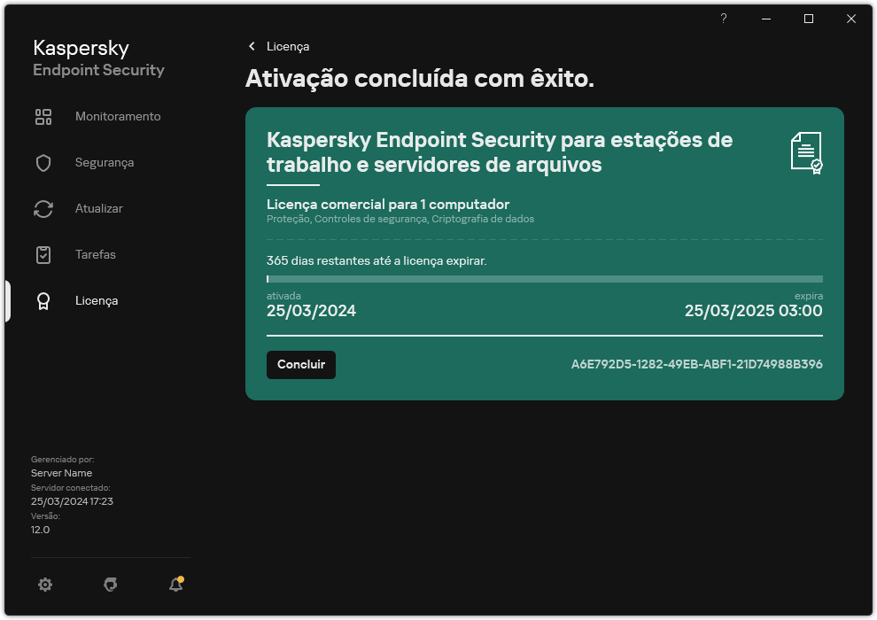 A janela contém informações sobre a licença: data de vencimento, funções disponíveis e outras informações.