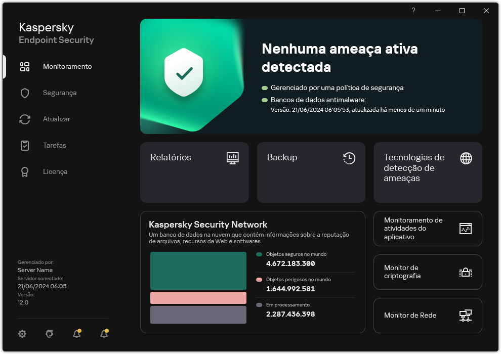 A janela principal do aplicativo contém seções para monitoramento de segurança do computador e controle de aplicativos.