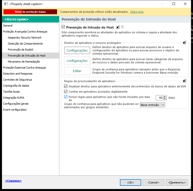 Janela Configurações da Prevenção de Intrusões.