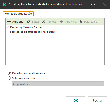 Uma janela com a lista de fontes de atualização. O usuário pode adicionar fontes de atualização e atribuir uma prioridade à fonte.