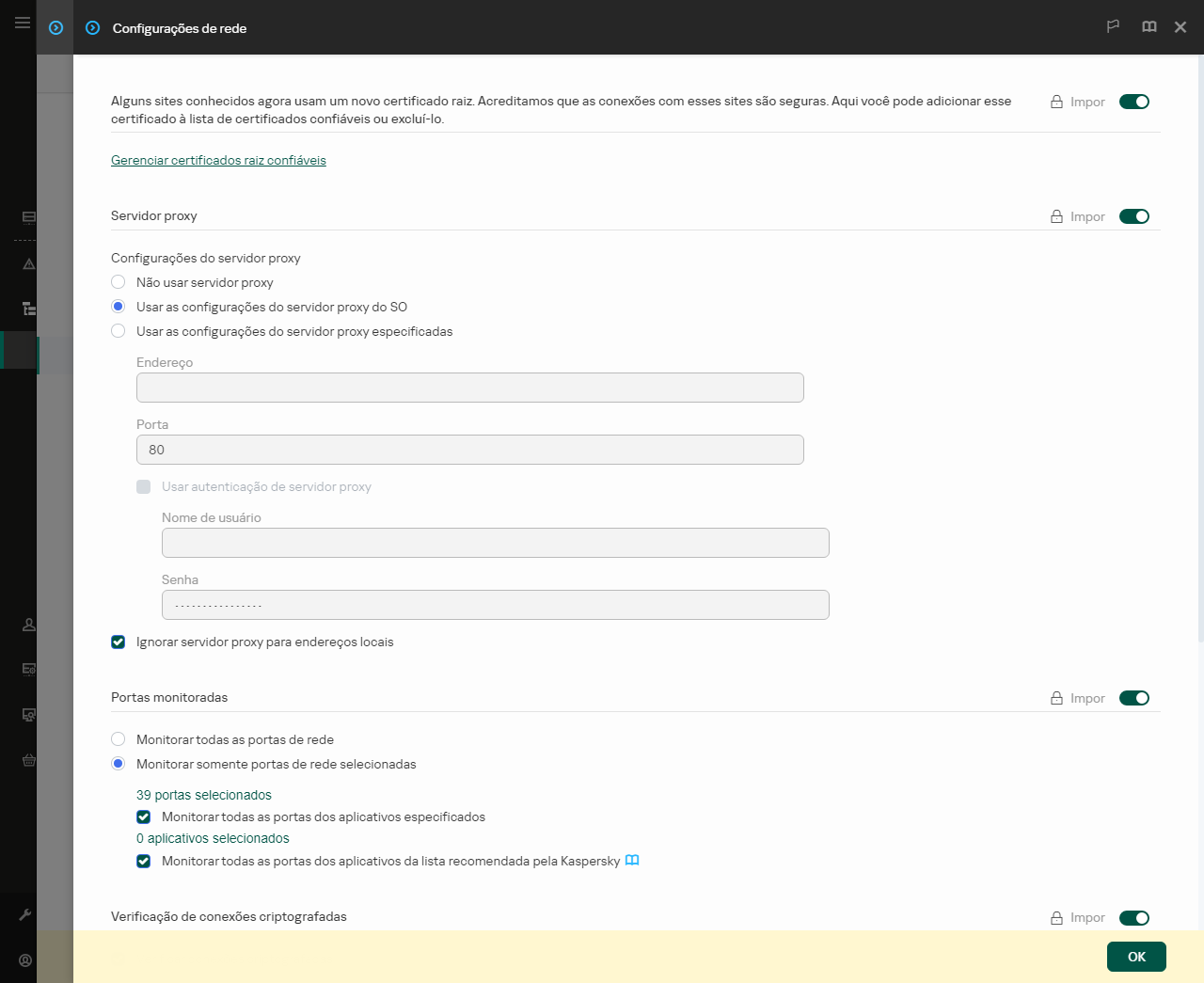 Janela Configurações do Aplicativo de Rede. O usuário pode definir as configurações do servidor proxy.