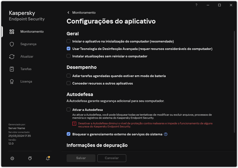 Janela Configurações do Aplicativo. O usuário pode configurar o desempenho, a autodefesa e outras configurações.