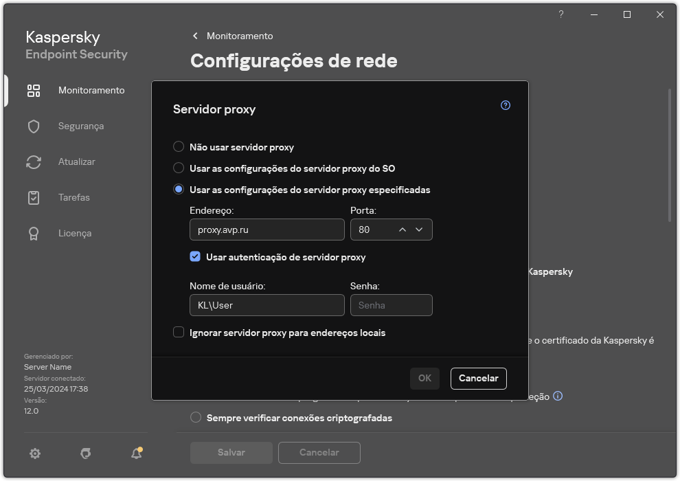 A janela para configurar a conexão do servidor proxy. O usuário pode definir o endereço do servidor proxy e as credenciais para se conectar ao servidor proxy.