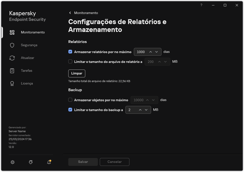 Janela Configurações de relatórios e armazenamento. O usuário pode definir o tamanho e limitar o tempo de armazenamento de relatórios e objetos no repositório.