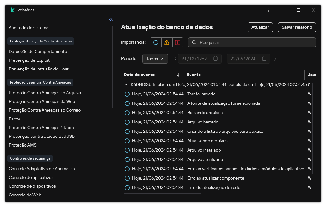 Uma janela com a lista de eventos no relatório. O usuário pode filtrar/classificar os eventos e salvar os relatórios em um arquivo.