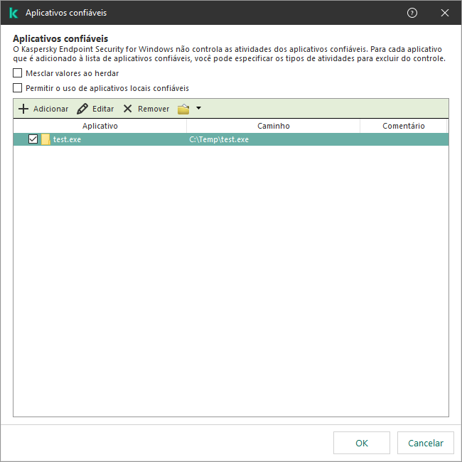 Uma janela com a lista de aplicativos confiáveis. O usuário pode adicionar, editar ou remover um aplicativo confiável.