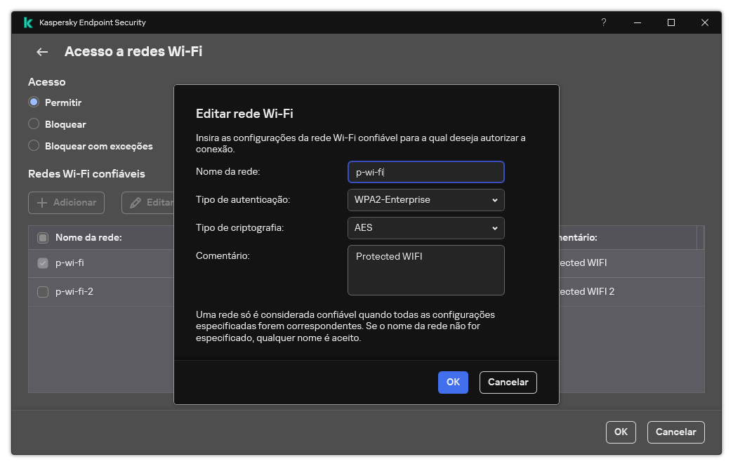 A janela contém as configurações da rede Wi-Fi confiável.