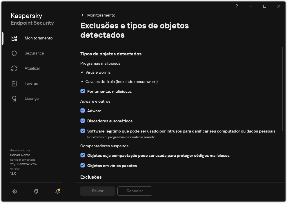 Janela Configurações de exclusão. O usuário pode selecionar os tipos de objetos detectados e adicionar objetos às exclusões.