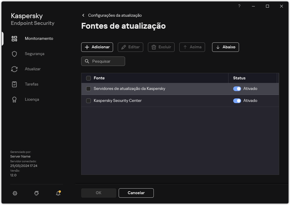 Uma janela com a lista de fontes de atualização. O usuário pode adicionar fontes de atualização e atribuir uma prioridade à fonte.