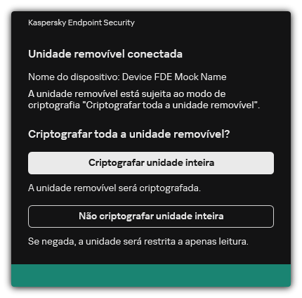 Notificação sobre unidade conectada com criptografia de arquivo ativada. O usuário pode criptografar os arquivos ou recusar.