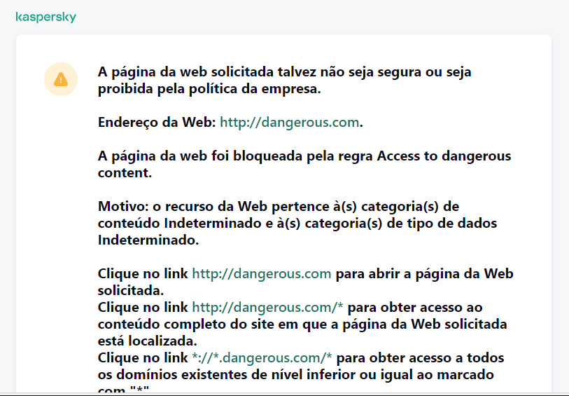 Notificação da Kaspersky sobre a visita a uma página da Web possivelmente insegura na janela do navegador. O usuário pode criar uma solicitação para acessar o recurso da Web.