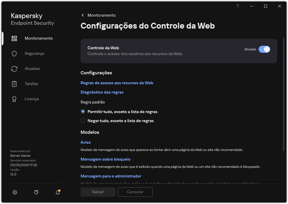 Janela de configurações do Controle da Web.