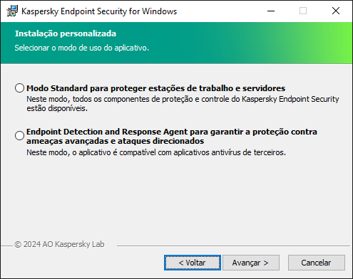 Janela do instalador com a configuração do aplicativo: funcionalidade completa ou Endpoint Detection and Response Agent.