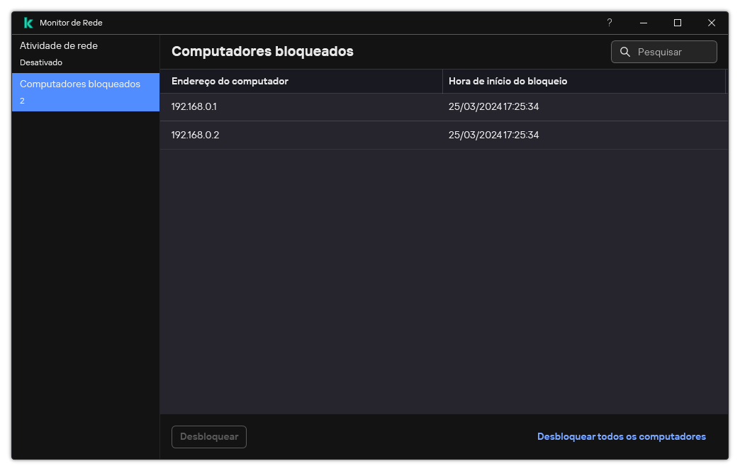 Janela do Monitor de Rede com a lista de computadores bloqueados. É possível desbloquear computadores individuais ou todos os computadores.