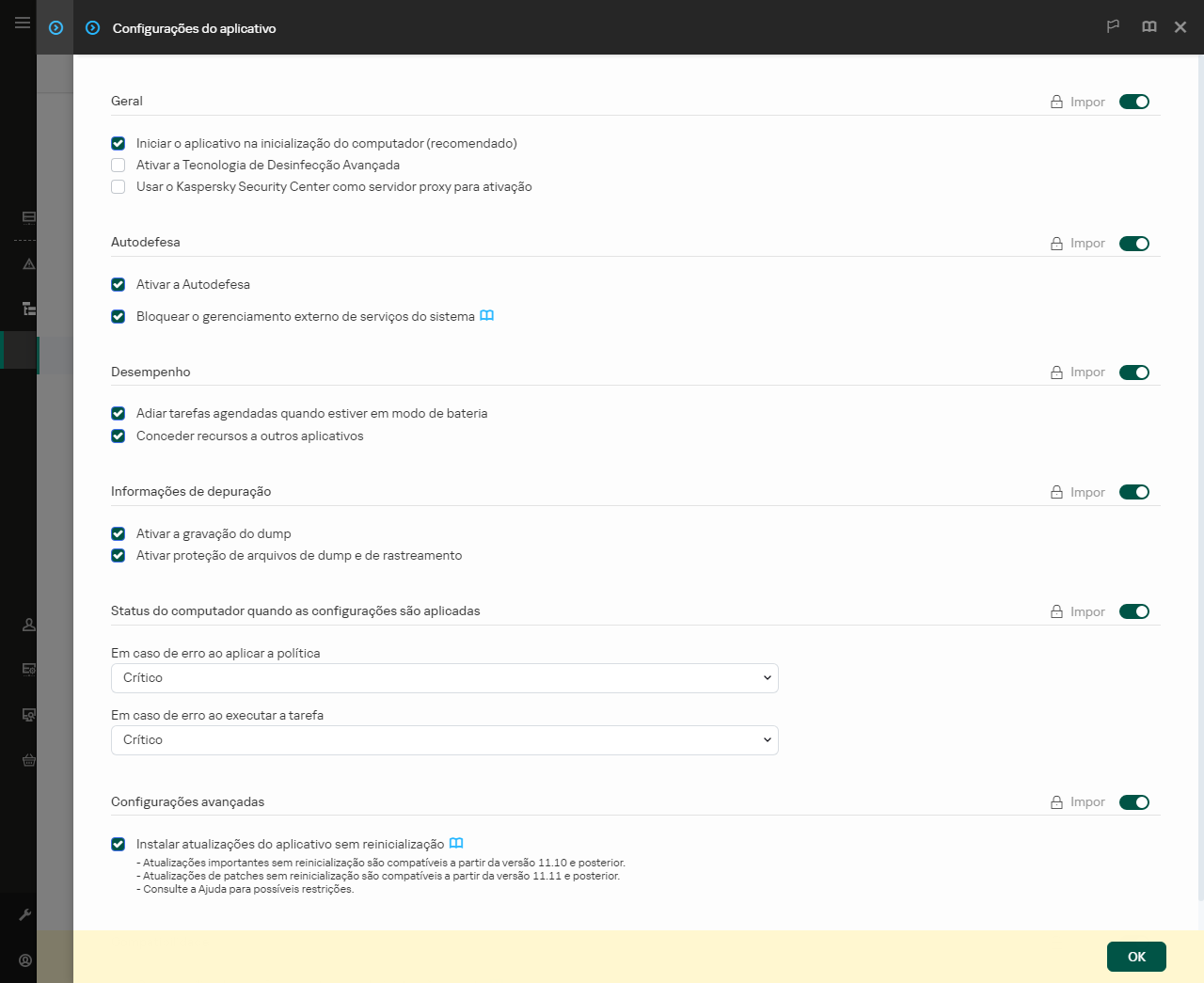 Janela Configurações do Aplicativo. O usuário pode configurar o desempenho, a autodefesa e outras configurações.