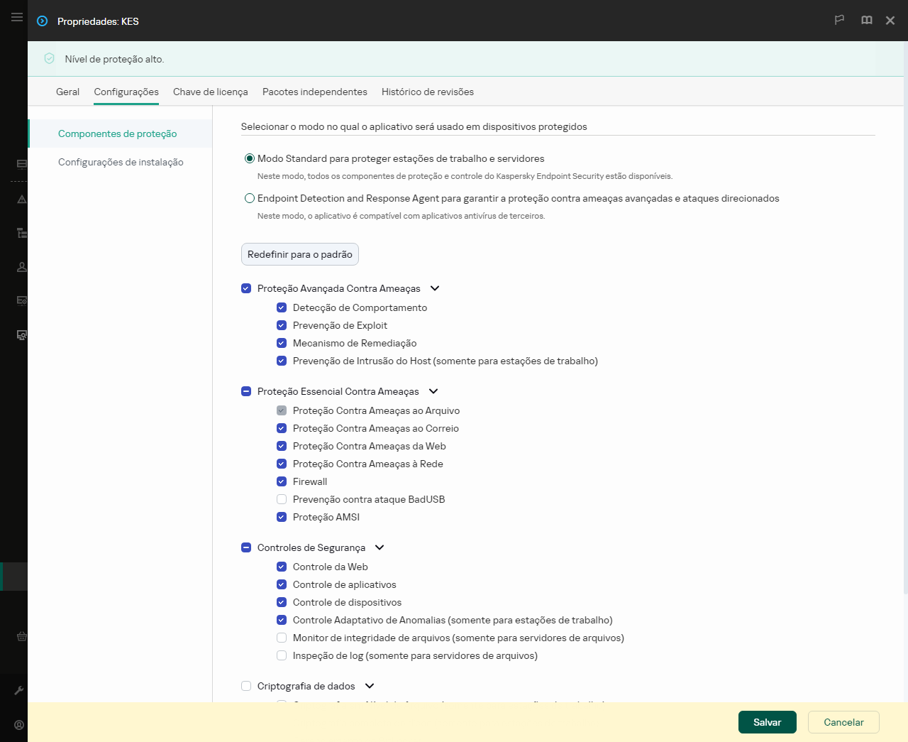 Janela de propriedades do pacote de instalação. É possível selecionar quais componentes do aplicativo deseja incluir.