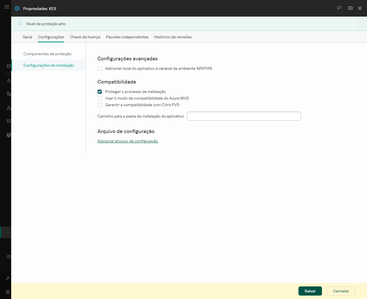 Janela de propriedades do pacote de instalação. É possível definir as configurações da interface do aplicativo.