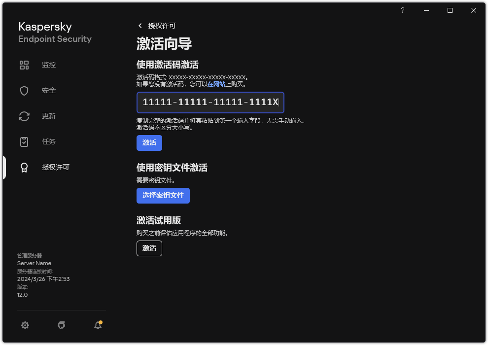 带有应用程序激活工具的窗口。用户可以输入激活码或选择密钥文件。