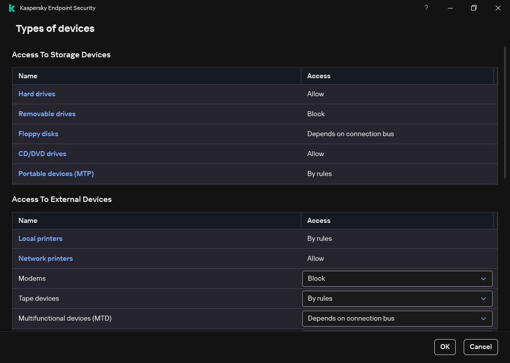 Access Options Editing a device access rule