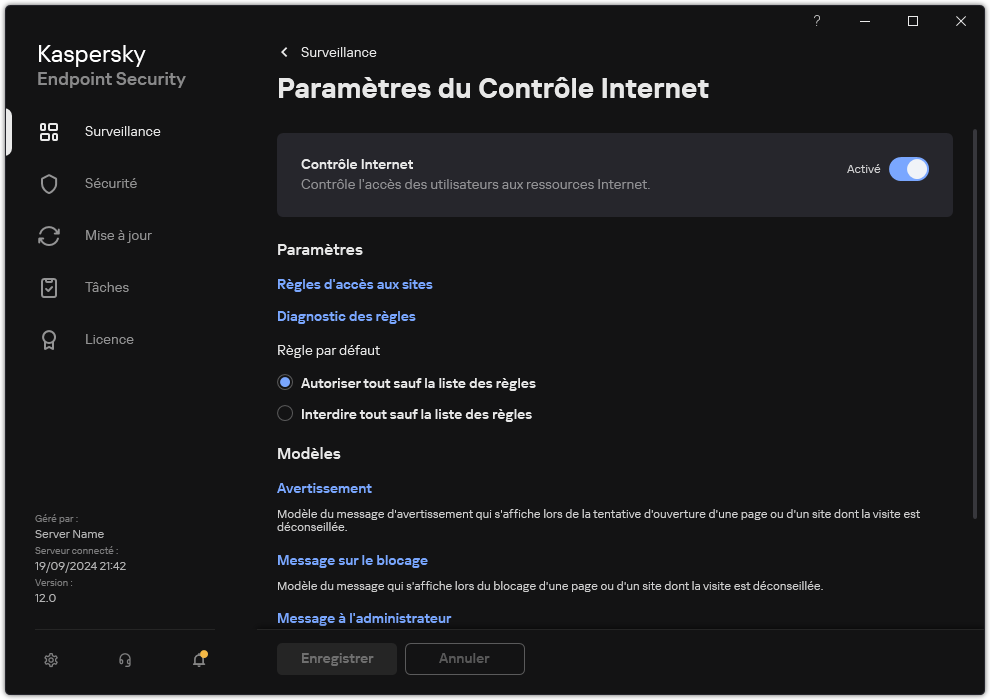 Fenêtre des paramètres du Contrôle Internet.