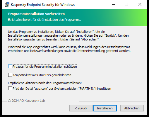 Fenster mit Installationseinstellungen: Installationsschutz, Kompatibilität mit Citrix PVS, Systemvariable für avp.com.