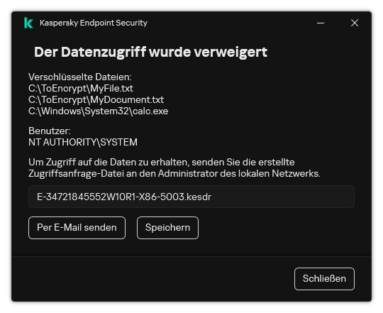 Ein Fenster mit einer Zugriffsanfrage-Datei für verschlüsselte Daten. Der Benutzer kann die generierte Datei auf der Festplatte speichern oder per E-Mail versenden.