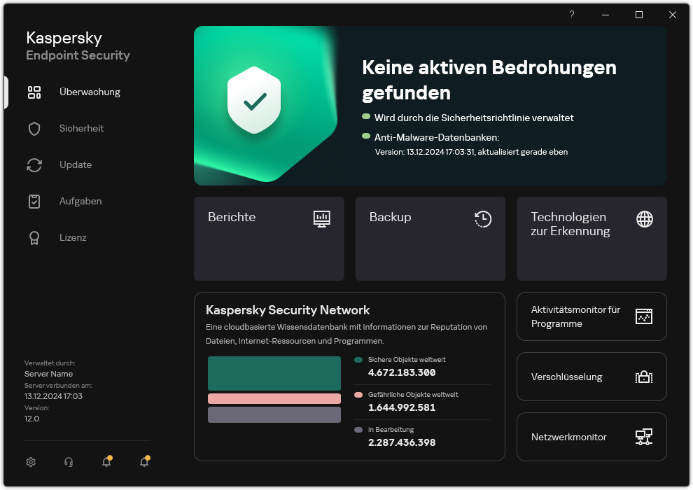 Das App-Hauptfenster enthält Abschnitte zur Überwachung der Computersicherheit und zur Verwaltung der App.