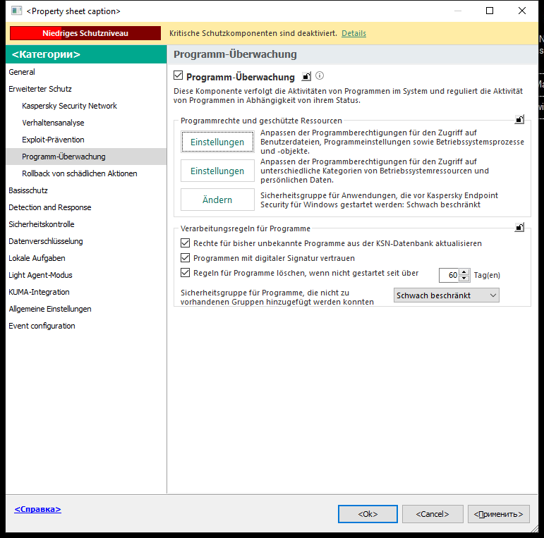 Fenster „Einstellungen der Programm-Überwachung“.