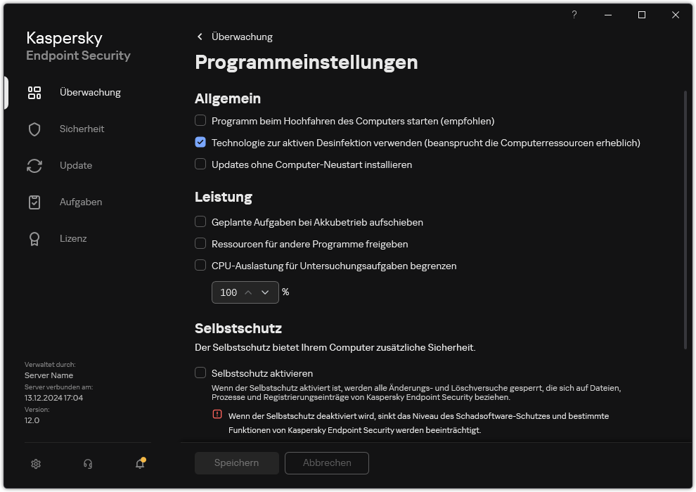 Fenster mit den App-Einstellungen. Der Benutzer kann Leistung, Selbstschutz und sonstige Einstellungen konfigurieren.