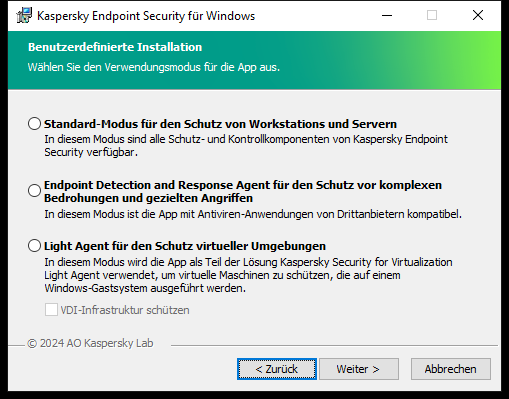 Installationsfenster mit der Konfiguration des Programms: vollständige Funktionalität oder Endpoint Detection and Response Agent.