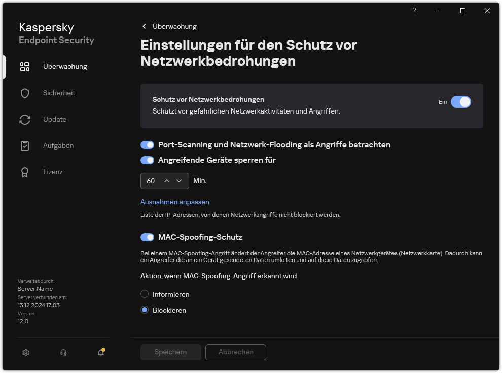 Fenster mit den Einstellungen für „Schutzes vor Netzwerkbedrohungen“