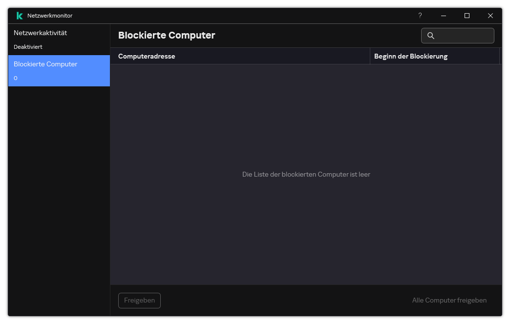 Das Fenster „Netzwerkmonitor“ mit einer Liste der blockierten Computer. Sie können einzelne Computer oder alle Computer entsperren.