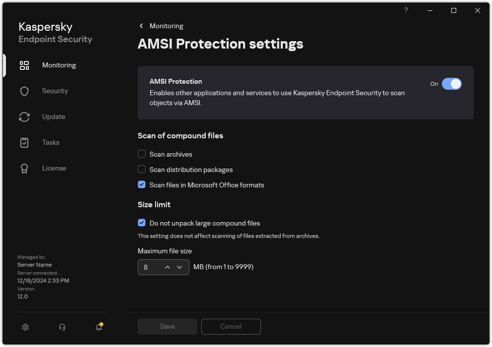 AMSI Protection settings window.