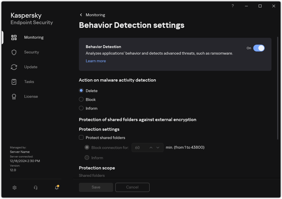 Behavior Detection settings window.