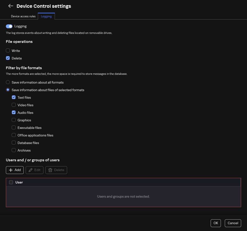 The window for configuring the logging of events about the use of removable drives. The user can select the events to be logged.