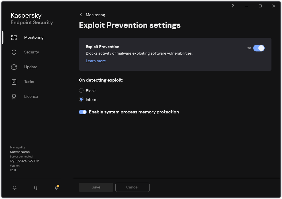 Exploit Prevention settings window