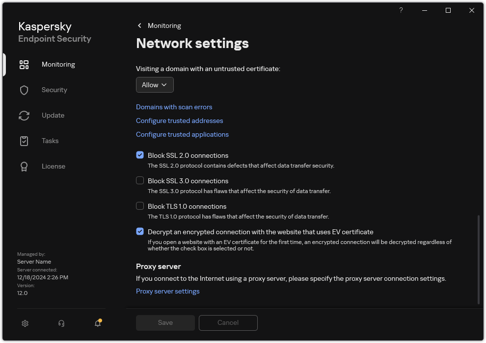 Application network settings window.