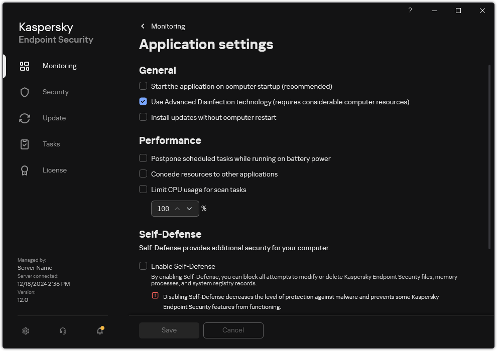 Application settings window. The user can configure performance, self-defense and other settings.