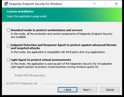 Installer window with configuration of the application: full functionality or Endpoint Detection and Response Agent.