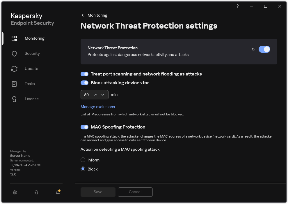 Network Threat Protection settings window