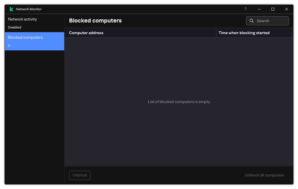 Network Monitor window with a list of blocked computers. You can unblock individual computers or all computers.