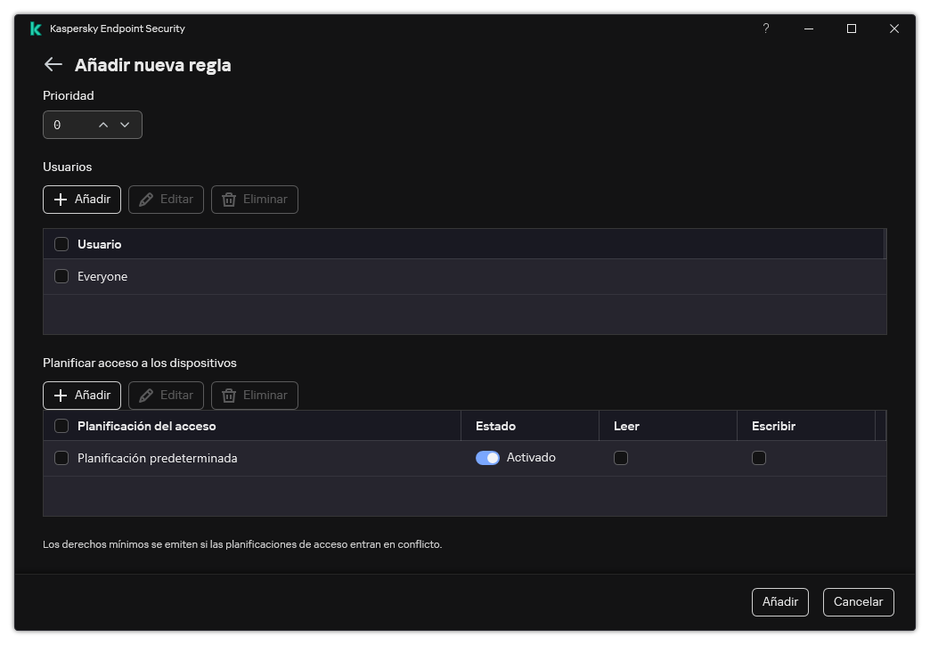 Ventana de configuración de reglas de Control de dispositivos. El usuario puede asignar la prioridad de la regla, agregar usuarios a la regla y establecer la programación de la regla.