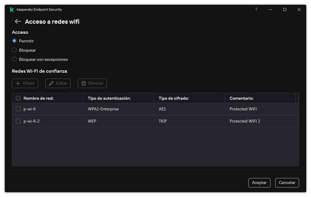 Ventana con la lista de redes wifi. El usuario puede configurar el acceso a todas las redes wifi y agregar redes wifi de confianza.