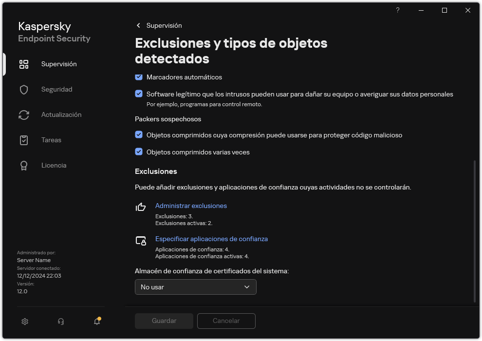 Ventana de configuración de exclusiones. El usuario puede añadir exclusiones y aplicaciones de confianza.