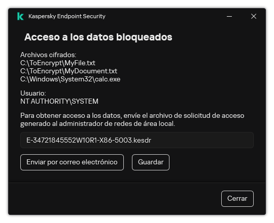 Una ventana con un archivo de solicitud para acceder a datos cifrados. El usuario puede guardar el archivo generado en el disco o enviarlo por correo electrónico.