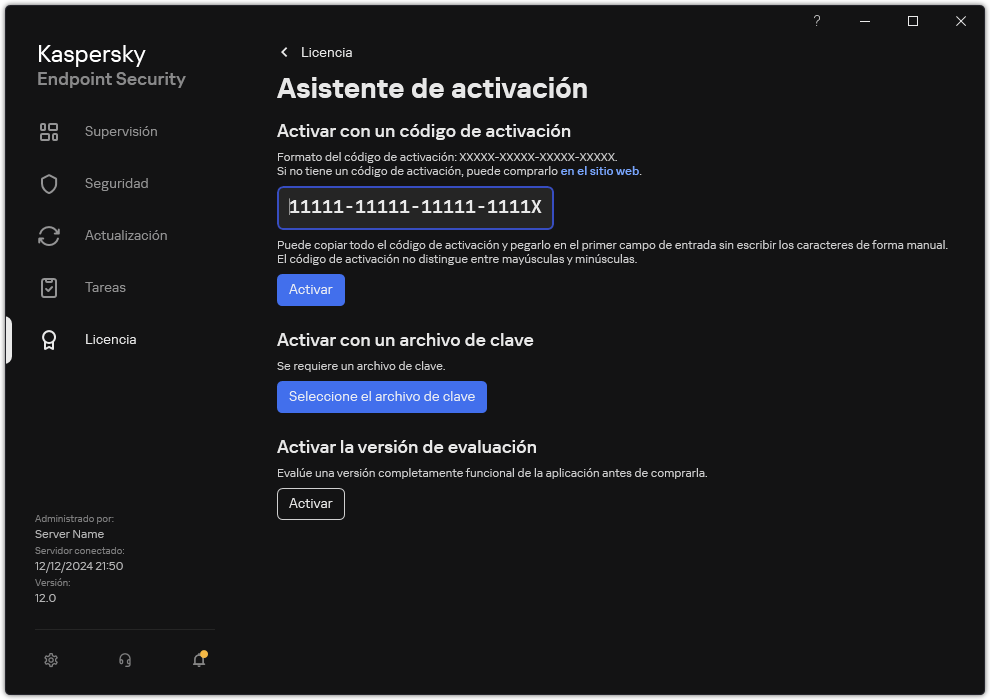 Ventana con las herramientas de activación de la aplicación. El usuario puede introducir un código de activación o seleccionar un archivo clave.