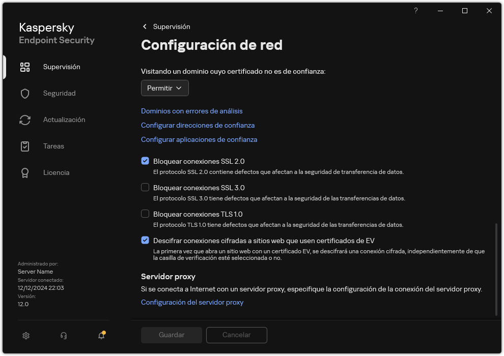 Ventana de configuración de red de la aplicación.